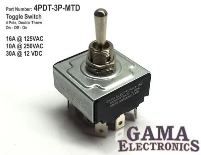 GAMA ELECTRONICS 4 Pole, 2 Throw On-Off-On Toggle Switch - Maintained - 4PDT-3-MTD