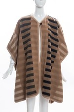 $2495 Escada Caramel Camel Mixed-tone Striped Bar Print Blanket Cape Poncho S Gc