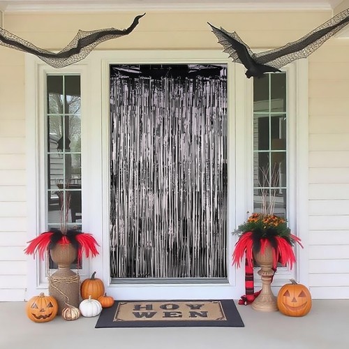 Borlas colgantes negras con flecos metálicos para puertas de Halloween 2M - Imagen 4 de 16