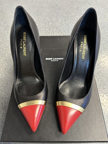 Saint Laurent Paris Leather Cap Toe Metallic Accented Pump Black/red Size 36.5