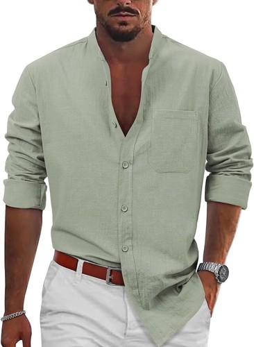 TUREFACE Mens Button Down Long Sleeve Cotton Linen Dress Shirt Medium Pea Green