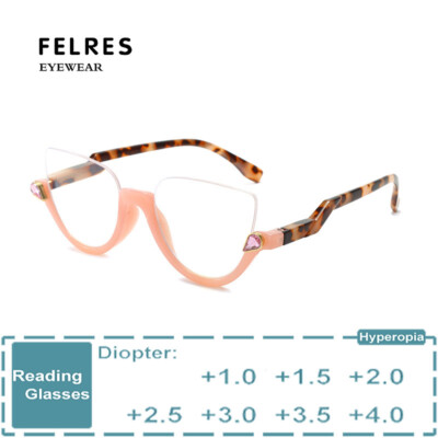 Women Half Frame Cat Eye Reading Glasses Clear Lens Fashion Presbyopic Glasses 