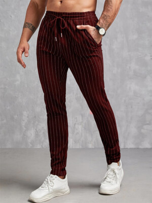 Men Casual Stripes Pants Workout Slim Skinny Trousers Sweatpant Work Trousers
