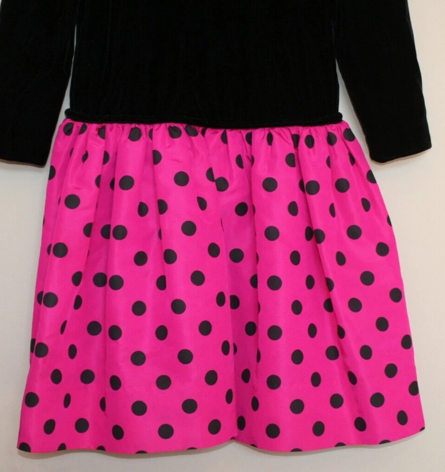 Vestido Vintage Años 80 90 Niñas Cintura Caída Terciopelo Talla 10 12 Rosa Lunares Negro Foto 4 de 4