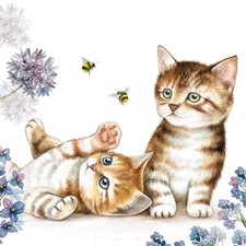 TWO Individual Napkins Cat Kitens Flowers Lunch Decoupage (1079)