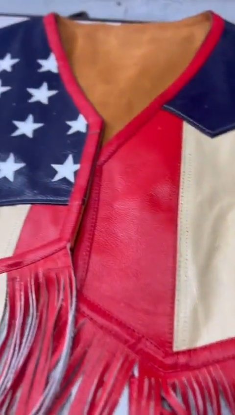 Unisex American Flag Leather Fringe Vest Western Biker USAStyle