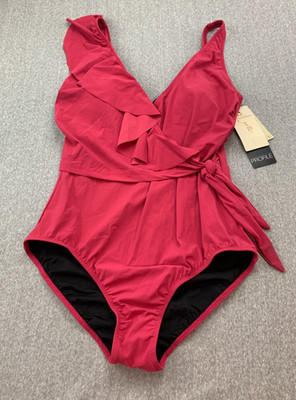 Gottex Profile Tutti Frutti V-Neck Surplice Ruffle 1 Pc Swimsuit Women 14 Cherry