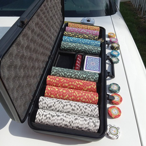 With $1000 Chips casino poker chip set with case, dice & playing cards 20+lbs