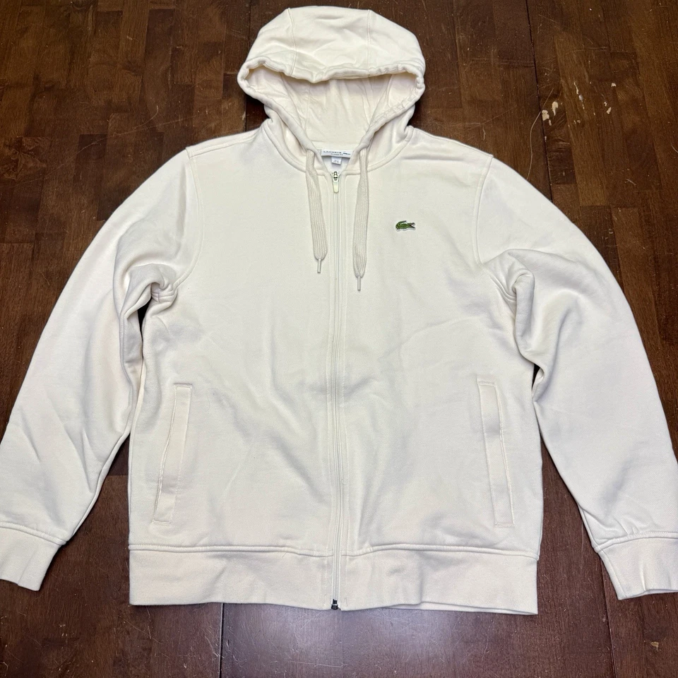 Женская классическая толстовка с капюшоном на молнии Lacoste кремовая толстая с логотипом аллигатора размер XL - Изображение 2 из 4