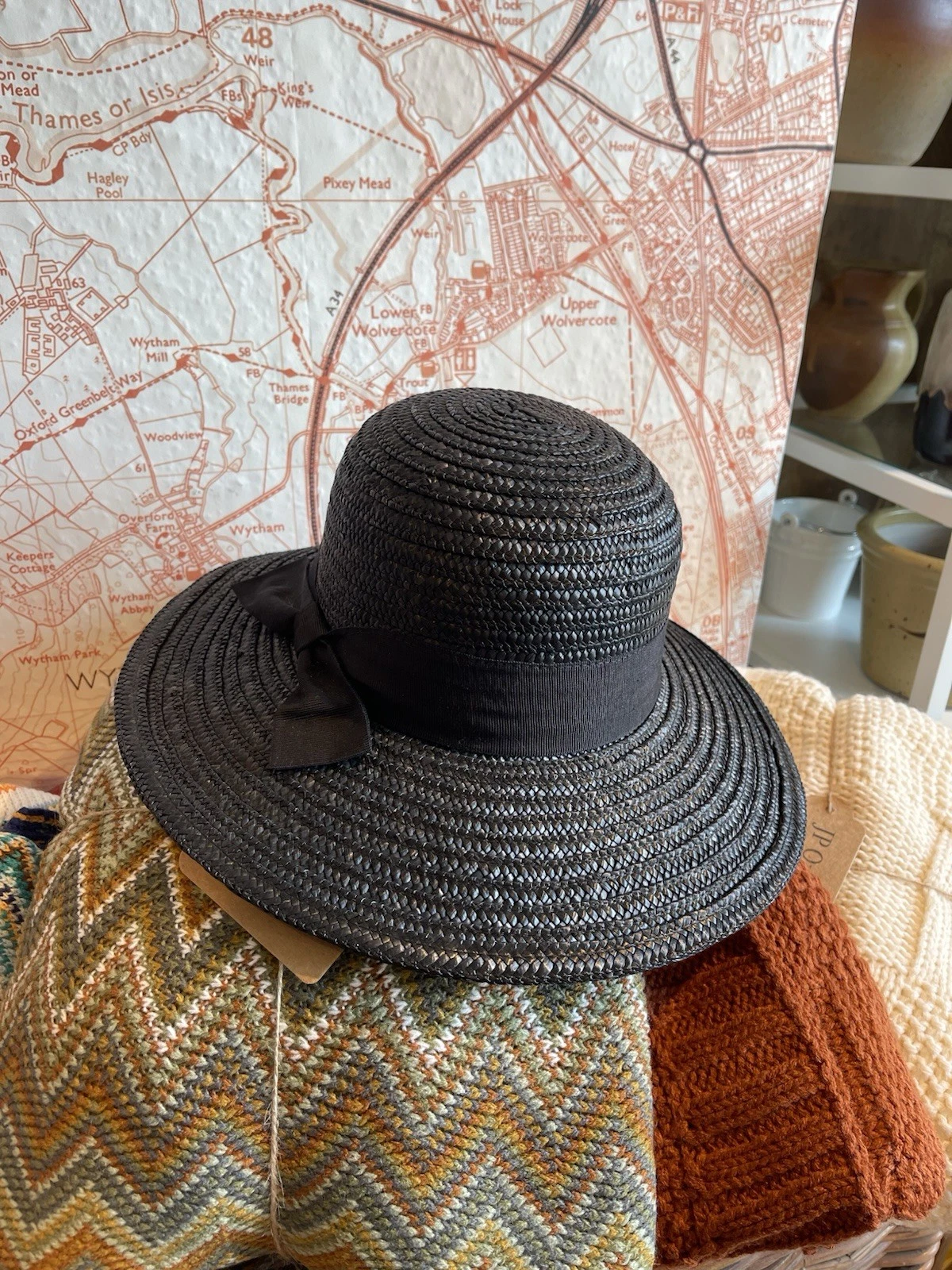 Oasis Black Straw Hat Wide-Brim Bowknot Made In Italy New With Tag