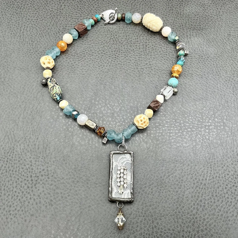 Collar hecho a mano artesanal llamativo boho cuentas mixtas diamantes de imitación colgante Foto 2 de 4