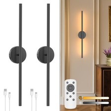 27.6 Inch Battery Operated Wall Sconce Set of 2, Black Round Base Rechargeabl...