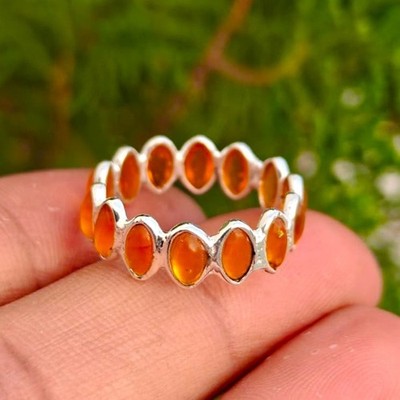 Natural Orange Amber Eternity Ring, Sterling Silver Band, Gemstone Stackable