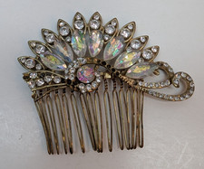Vintage Formal Bridal Austrian Crystal Glass Stones Large Hair Comb Gold Tone