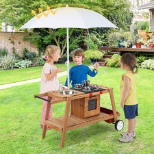 Wooden Kids Play Cart Kid's Play Trolley W/Sun Umbrella for Toddlers 3 