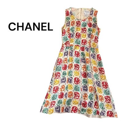 CHANEL Floral Sleeveless Dress size 38 made in France Coco Mark Silk