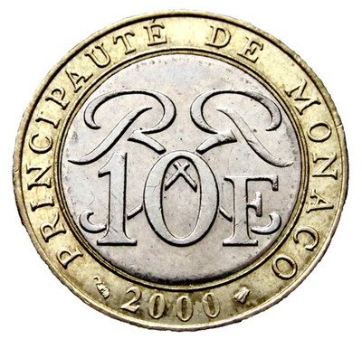 MONACO Rainier III 2000 10 FRANCS, Armoured Knight, Bi-Metallic AUNC