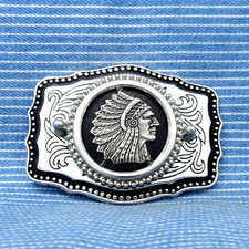 Native American Indian Chief Belt Buckle Western Scroll Headdress Vtg 80s.TYC463