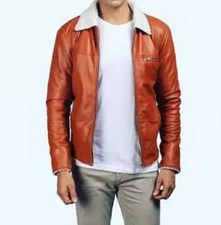 Men's Brown Leather Causal Jacket Fur Style Coller Real Lambskin Leather Jacket
