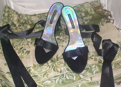 Mario Bologna Size 7.5/EU 38.5 Black Velvet Style Ballet Ties Women's Heels