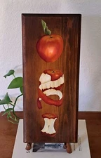 Primitive Style Original Painting On Wood Board Apple Stages Karen Stone 1974 