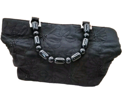 Talbots Cloth Black Floral Embroidered Beaded Floral Design Double Handle Beads