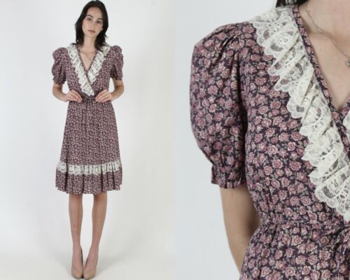 Vtg 70s Rose Floral Dress Ivory Lace Deep V Wrap Bodice Waist Tie Burgundy Mini - Picture 1 of 6