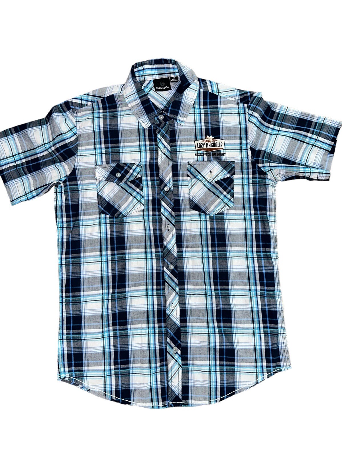 Lazy Magnolia Mississippi's Oldest Brewery Men's Medium Short Sleeve Blue Plaid