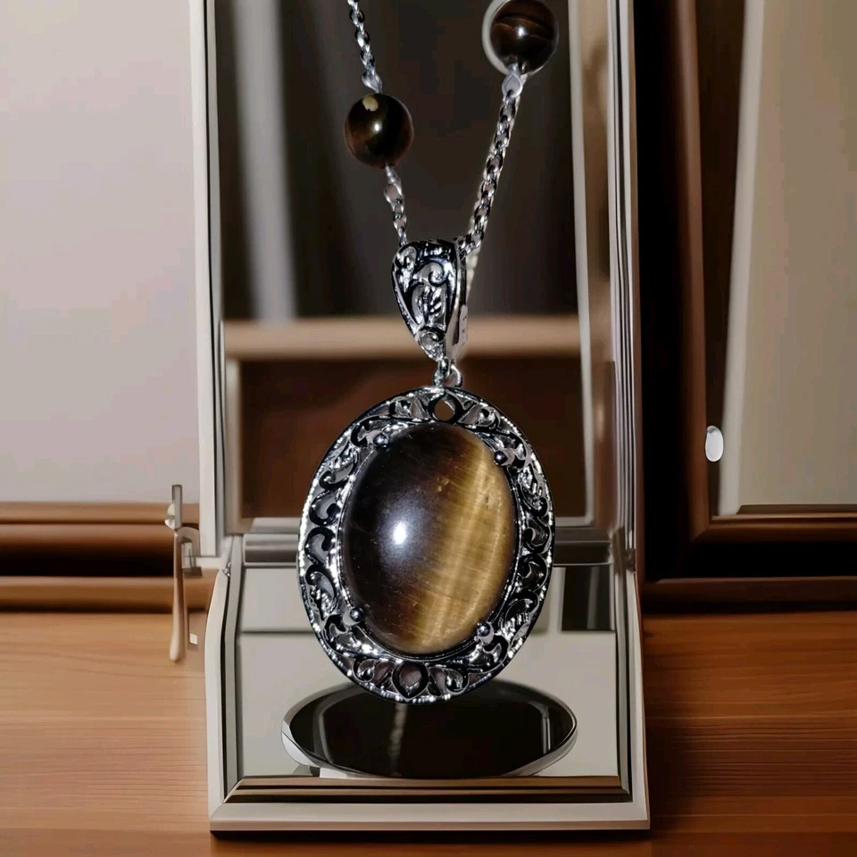 🔥Precioso collar ojo de tigre natural de 16,75 quilates en platino y acero inoxidable🔥