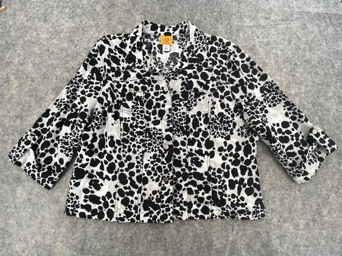 Ruby Rd Linen Jacket XL* Black White Cow Print Lightweight Mother Pearl Buttons - Picture 12 of 12