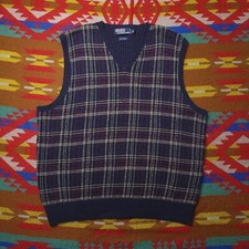 Vintage 90's Polo Ralph Lauren Sweater Vest Blue Men's Sz XL Linen Cotton Plaid
