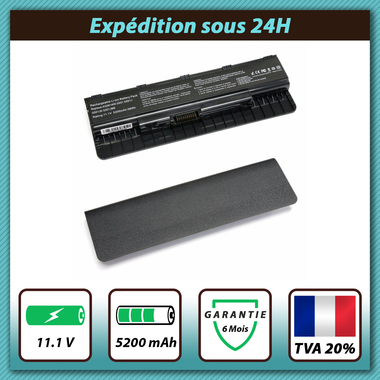 Batterie ASUS G551 haute capacité 5200mAh longue autonomie