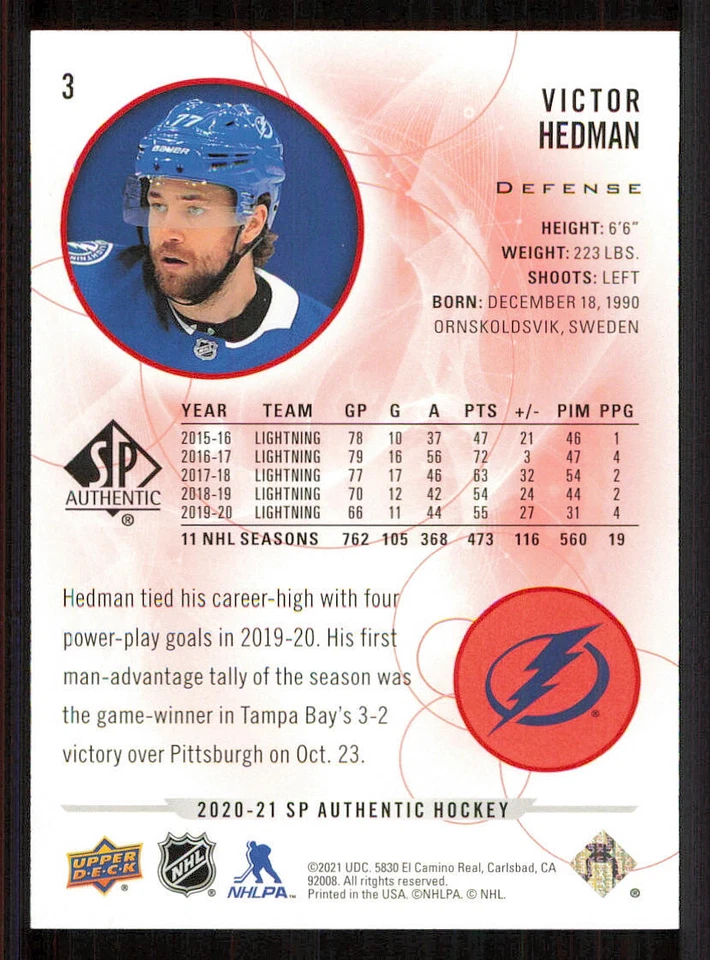 2020-21 SP Authentic Limited Red #3 Victor Hedman - Image 2 of 2