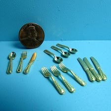 Dollhouse Miniature Metal Silverware Set 12 Pieces in Gold IM65336