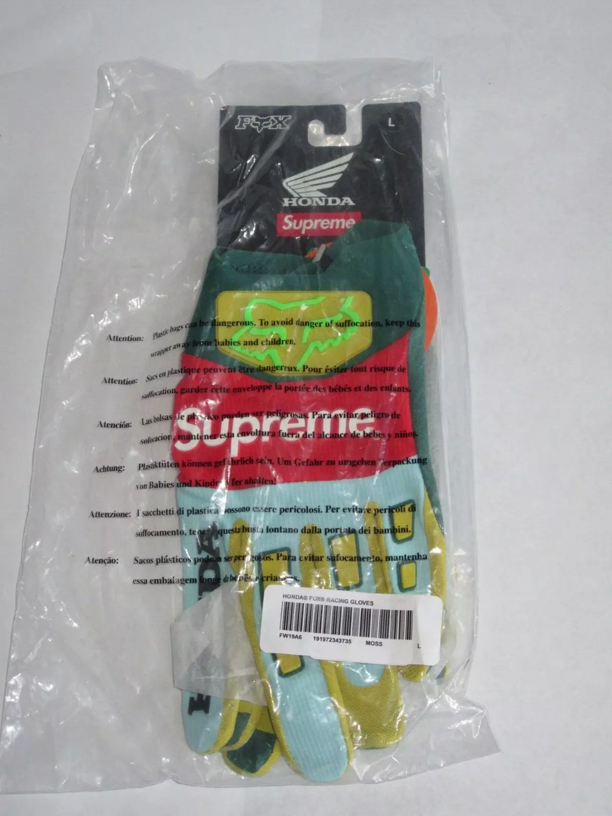 Gants de course Supreme x Honda x Fox vert mousse grand NEUF ! F/W 2019 L