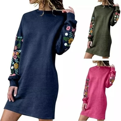 !IT Women's Long Sleeve Jumper Dress Ladies Floral Embroidery Winter Casual Dress UK