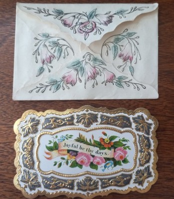 Antique Hand Colored Victorian Calling Card w/ Envelope ''Joyful Be Thy Days''