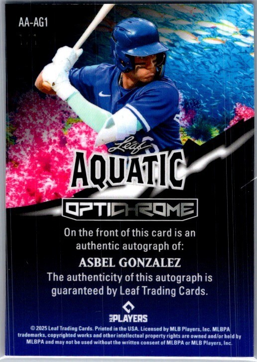 2025 Leaf Asbel Gonzalez Optichrome Baseball Aquatic 1/1 Auto view 2