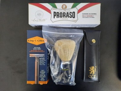Starter Shave Kit, King C Gillette Razor, Shavette, Derby Brush, Proraso, Blades