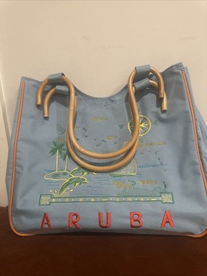 Embroidered Aruba Bag W Wood Handles Retro Look 