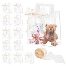 12 Pcs Clear Gift Bags with Handles Transparent PVC 10x11x6 Inch Large Ribbon