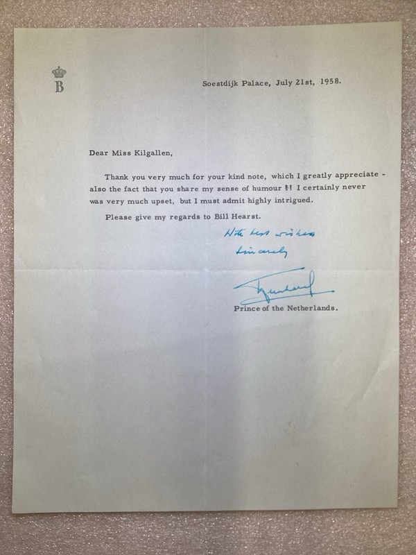 Soestdijk Palace Prince of Netherlands  SIGNED Autographed Letter  1958
