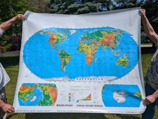 1981 Large Relief WORLD MAP 54.5" by 65" RAND McNALLY Vintage USSR Vinyl