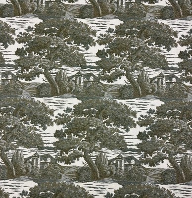 BALLARD DESIGNS SUNBRELLA VILLA GREEN SCENIC TOILE TREES FABRIC BY THE YARD 54''W