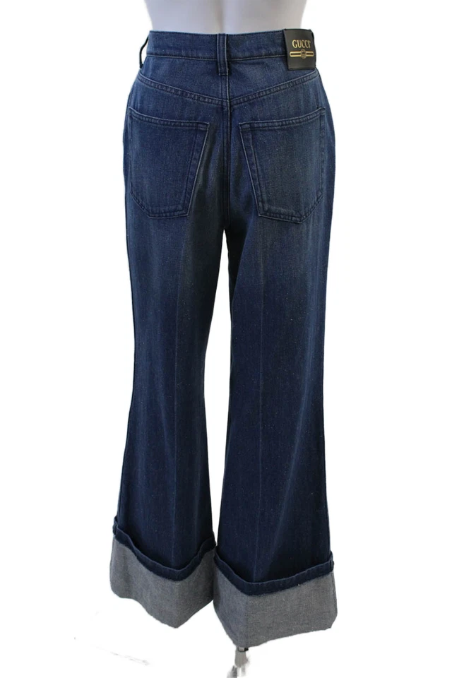 Pantalones de mezclilla para mujer Gucci acampanados de pierna ancha azul oscuro 100 % algodón talla 26 Foto 3 de 4