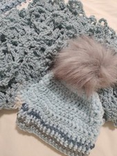 Hand Crochet Crib Blanket 32" X 44 Blue Gray Newborn Hat New