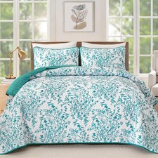Quilt Queen Size, Teal Quilt Bedding Set with 2 Pillowcases, Botanical Quilt ...