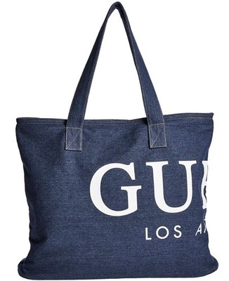 NEW GUESS Logo Demin Shopper Travel Tote Gym Beach Bag Handbag Purse
