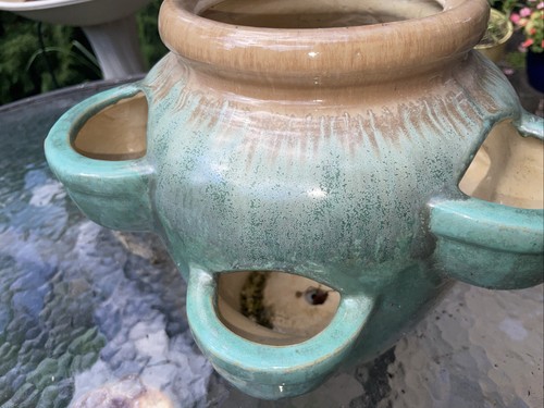 Vintage Strawberry or Succulent Ceramic Pot Planter Turquoise Green Glaze 11x13” - Picture 5 of 6