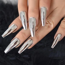 Super Long Shiny Punk Style Silver Coffin Ballerina Press on False Nails Metalli